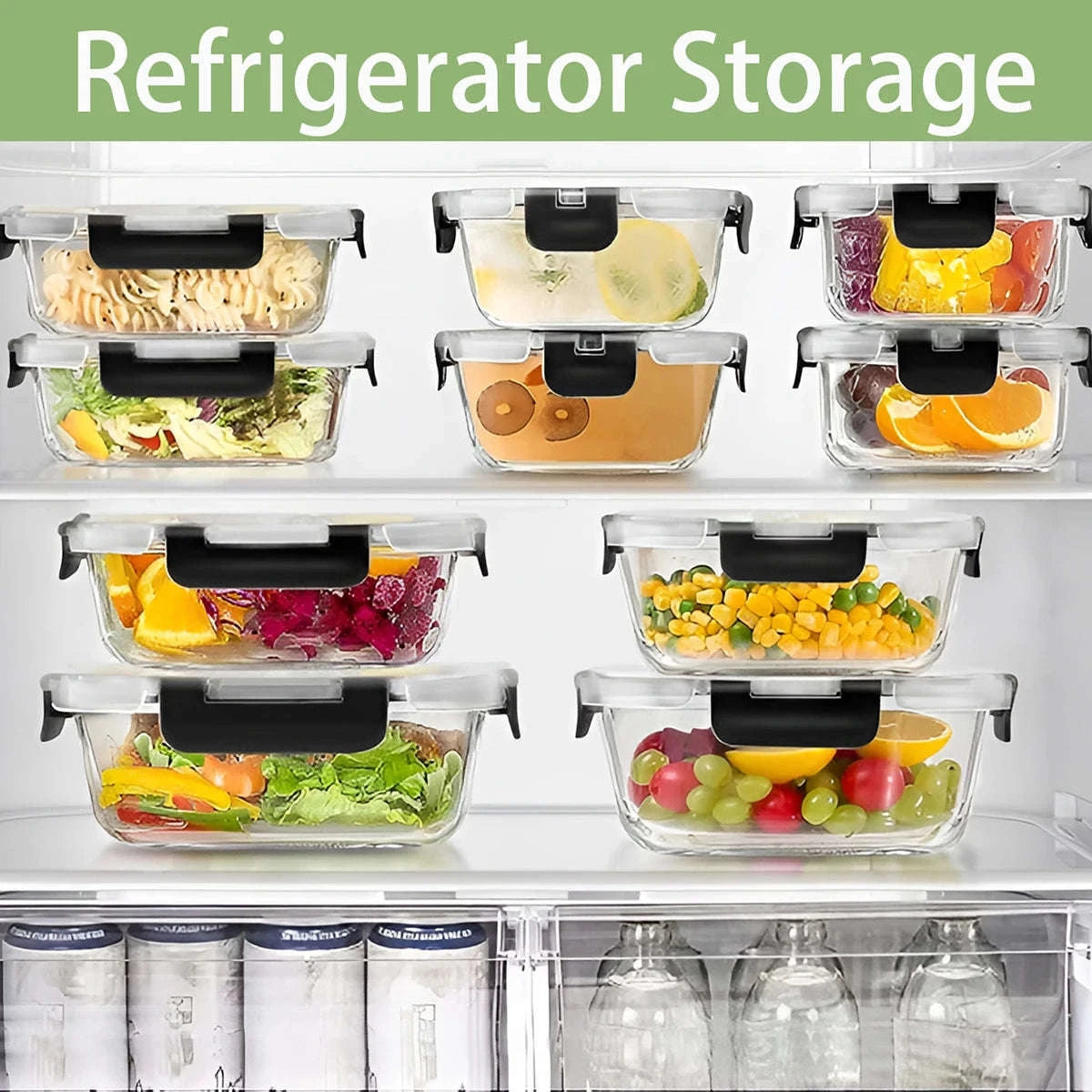 12-Piece Glass Meal Prep Containers with Airtight Leak-Proof Lids-Black / United States