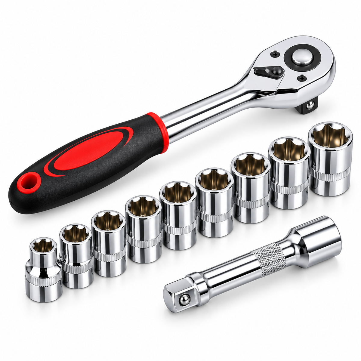 12-piece socket set with ratchet handle, ten sockets and extension on white background