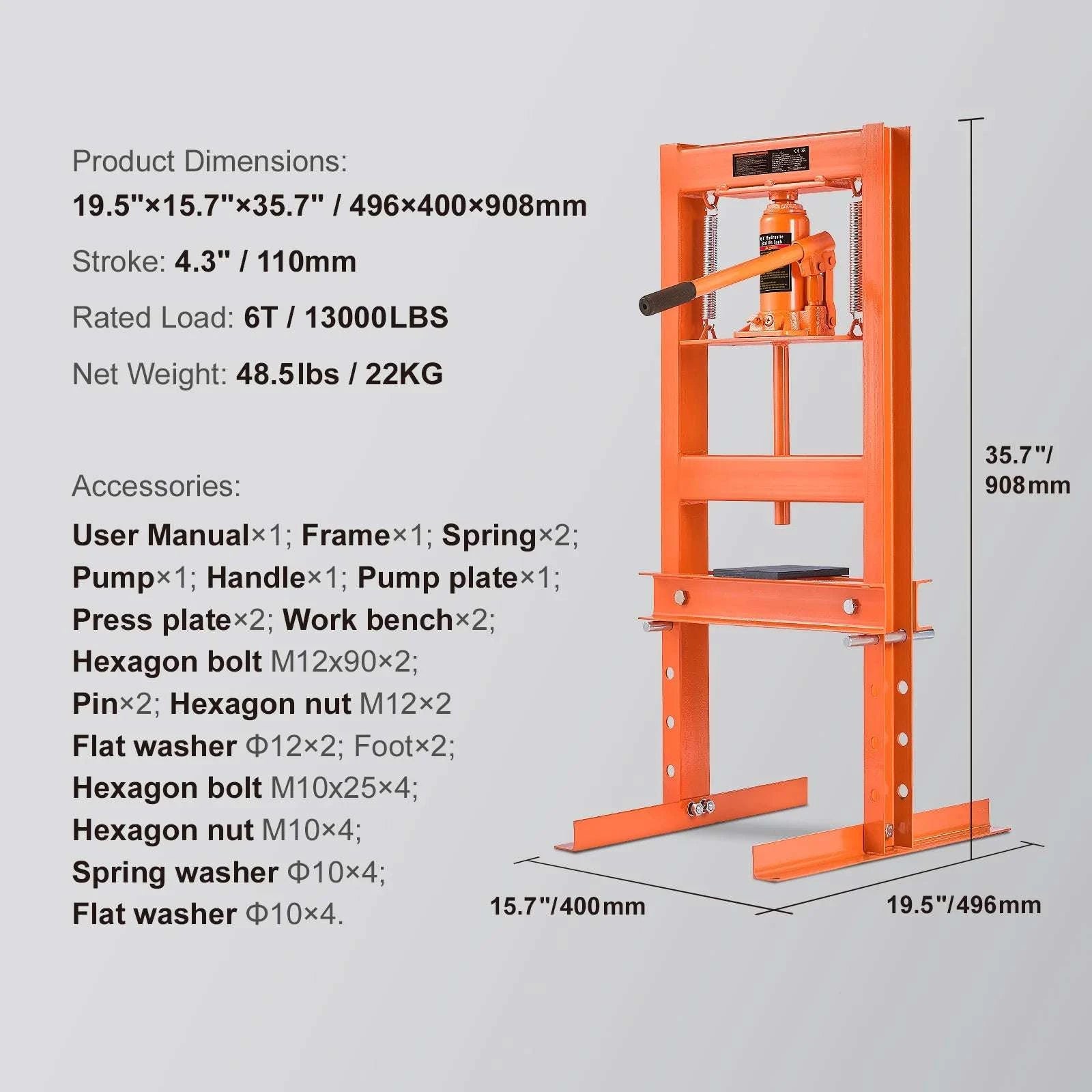 12 Ton Hydraulic H-Frame Shop Press with Adjustable Height Plates-6T / United States