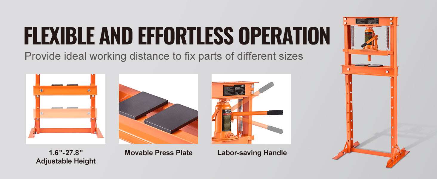 12 Ton Hydraulic H-Frame Shop Press with Adjustable Height Plates-6T / United States