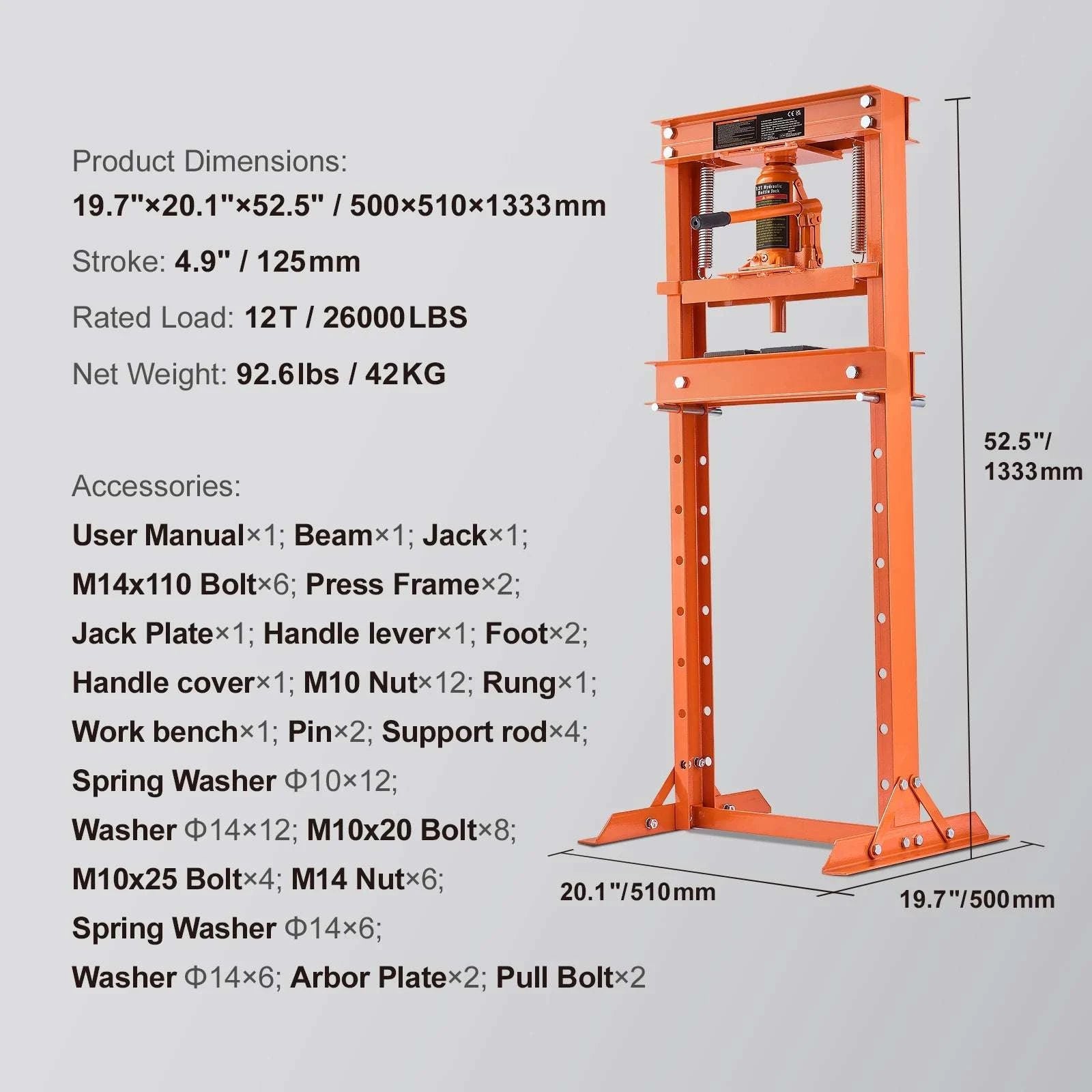 12 Ton Hydraulic H-Frame Shop Press with Adjustable Height Plates-6T / United States