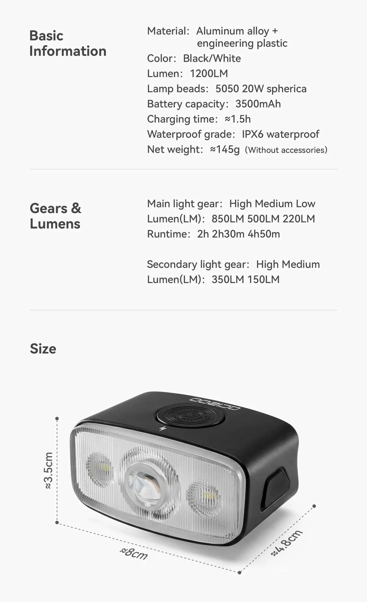 1200LM Bike Headlight USB Rechargeable IPX6 Waterproof Front Light-QC1200-white