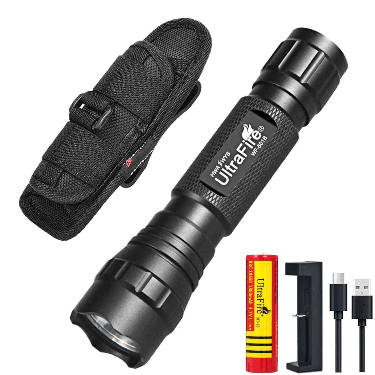 1200LM Tactical LED Flashlight with Holster, Rechargeable Battery Kit-PACKAGE B