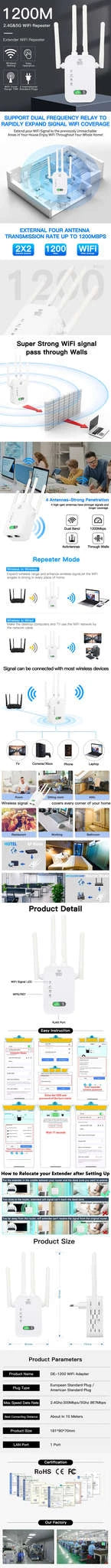 1200Mbps Dual Band WiFi Repeater Signal Extender-EU Plug