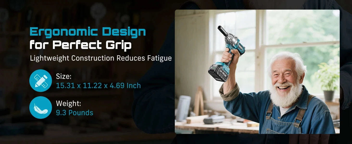 1200N.m Cordless Impact Wrench 1/2 Inch with LED and 6 Sockets-No Battery Plastic / United States