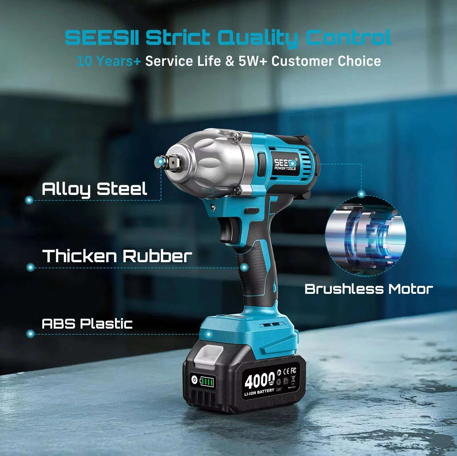 1200N.m Cordless Impact Wrench 1/2 Inch with LED and 6 Sockets-No Battery Plastic / United States