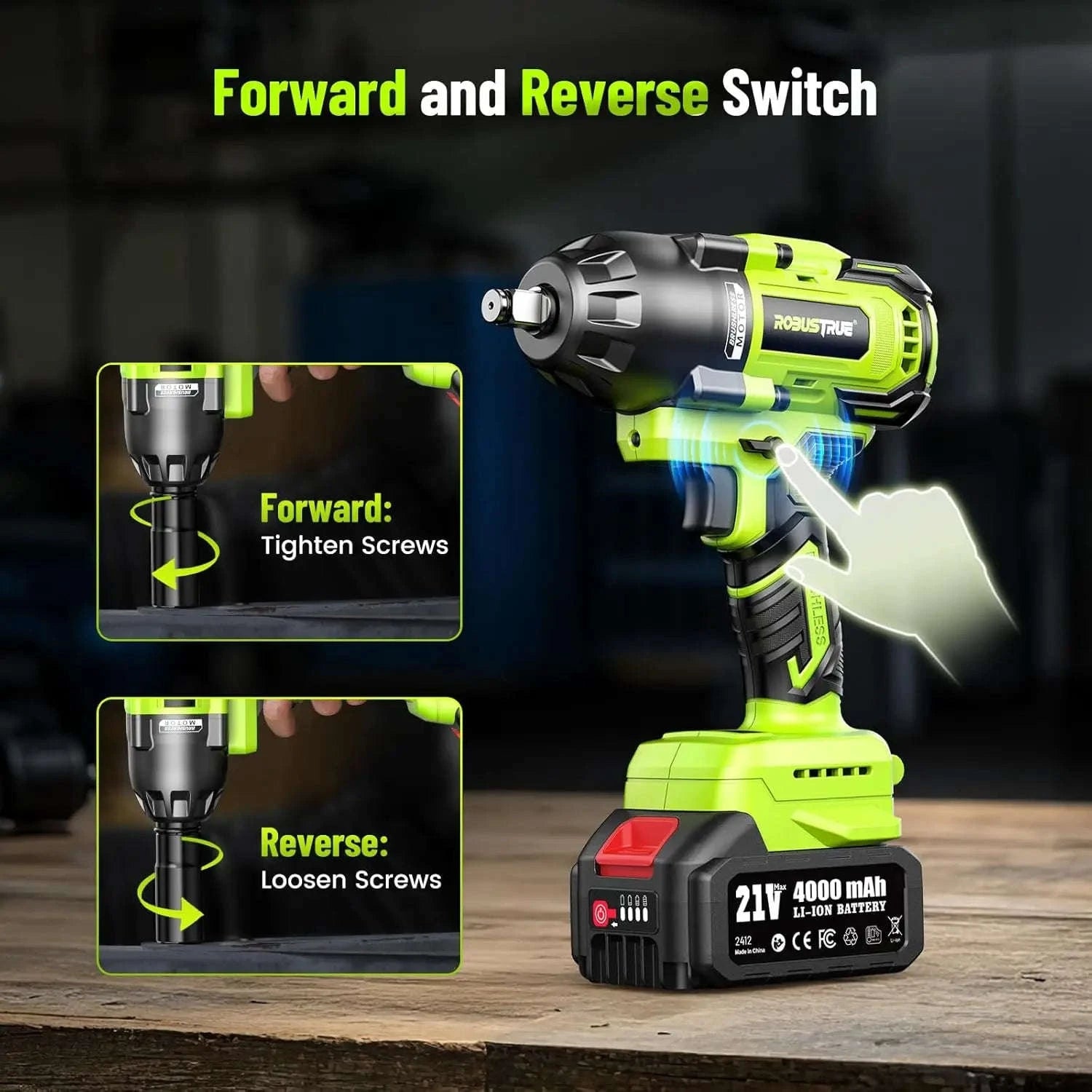 1200Nm 1/2 Inch Cordless Impact Wrench with 2 x 4.0Ah Batteries-Tool Only / United States