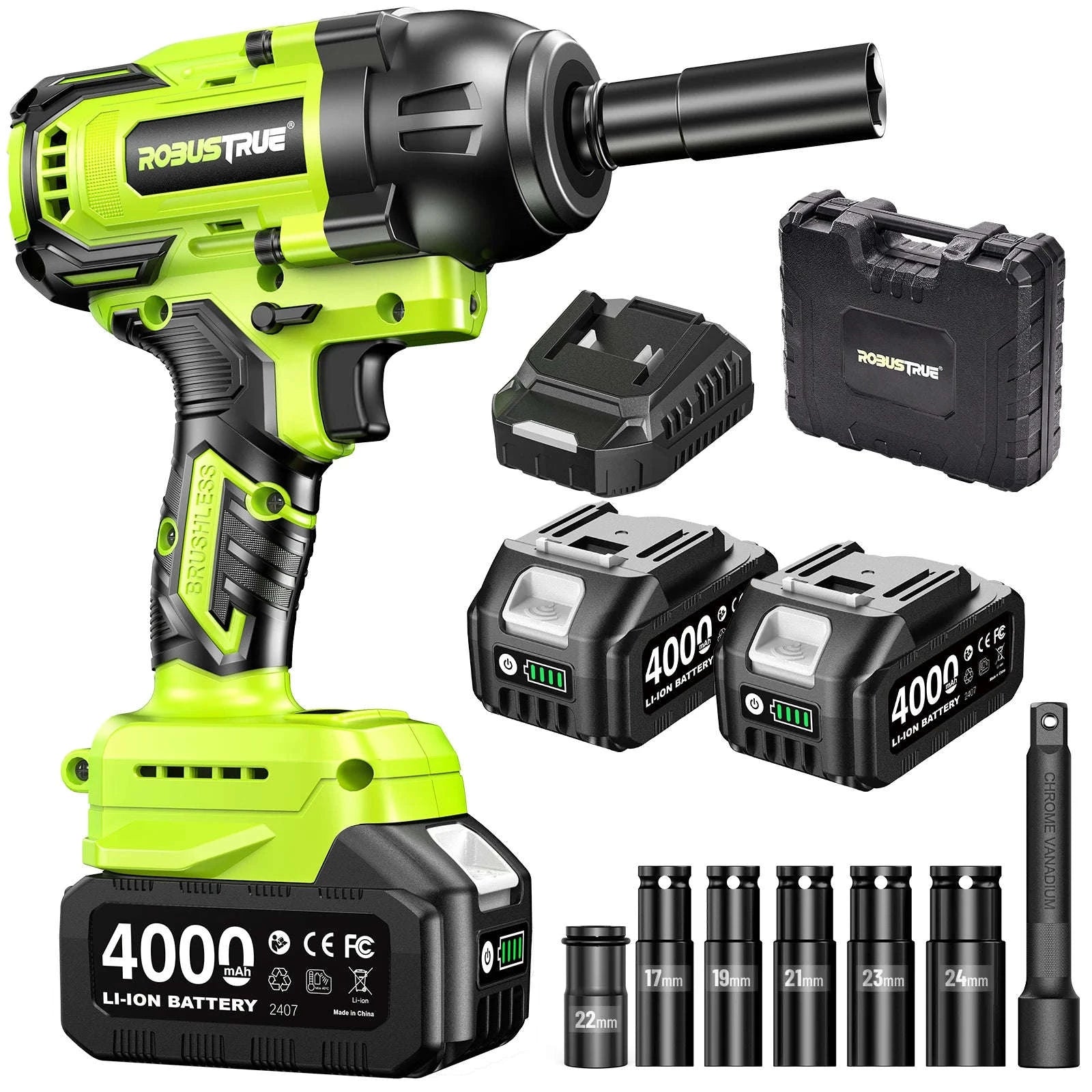 1200Nm 1/2 Inch Cordless Impact Wrench with 2 x 4.0Ah Batteries-Tool Only / United States