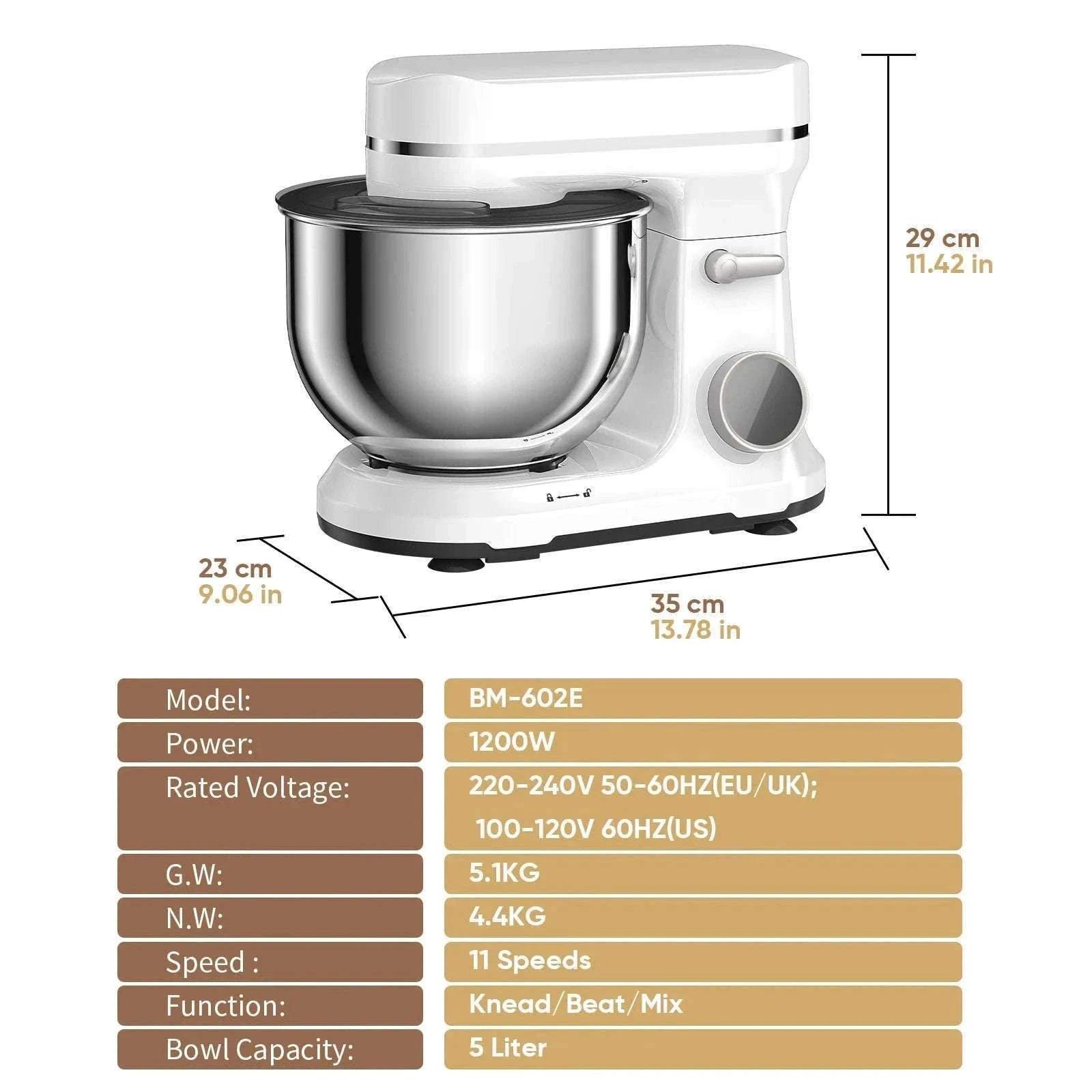 1200W 11-Speed Stand Mixer with 5L Bowl-BM602E WHITE / EU / france