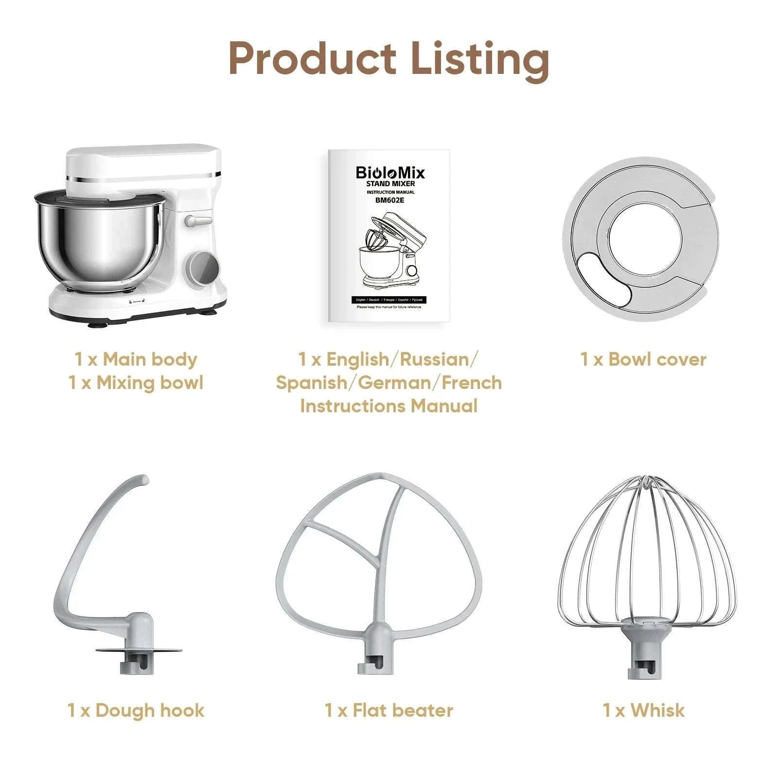 1200W 11-Speed Stand Mixer with 5L Bowl-BM602E WHITE / EU / france