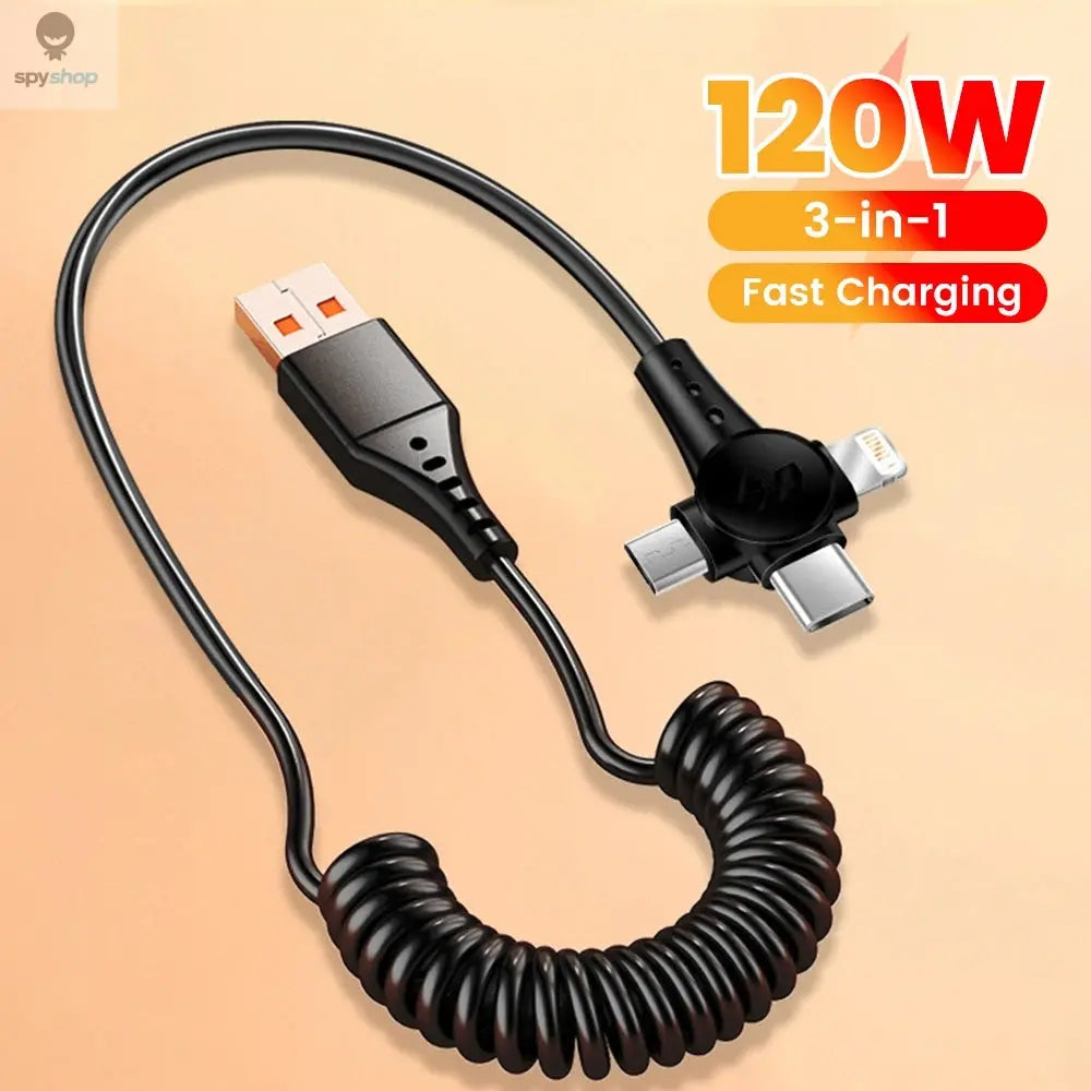120W 3-in-1 Mobile phone fast charging data cable For iPhone Huawei Xiaomi Super fast charging spring retractable data cable Spy-shop.com