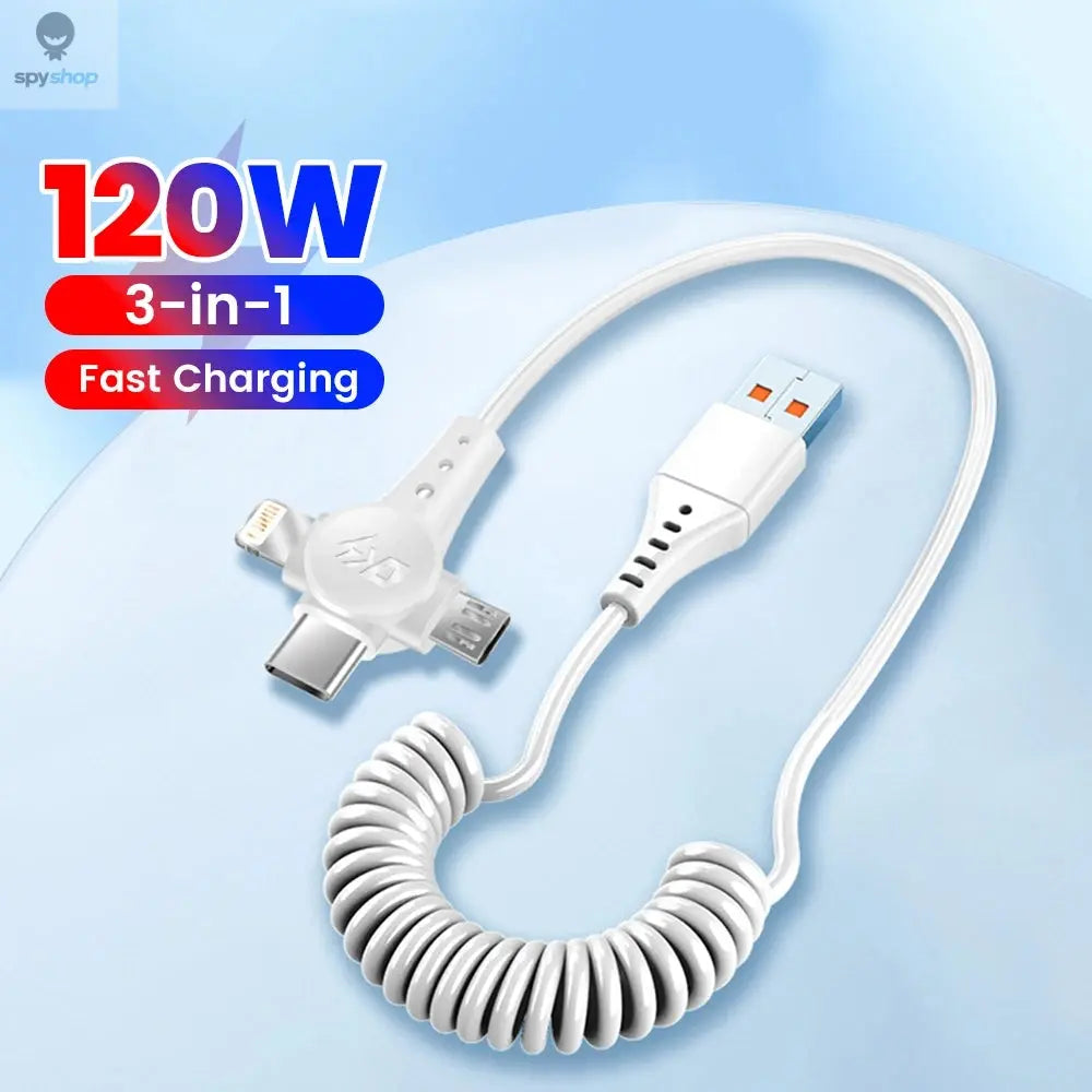 120W 3-in-1 Mobile phone fast charging data cable For iPhone Huawei Xiaomi Super fast charging spring retractable data cable Spy-shop.com