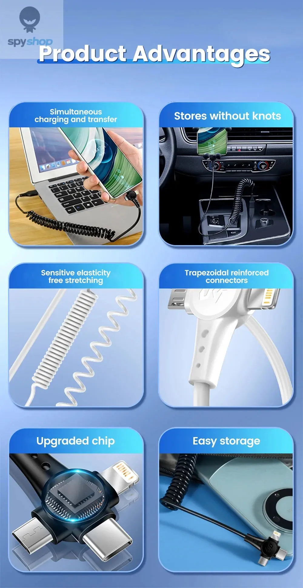 120W 3-in-1 Mobile phone fast charging data cable For iPhone Huawei Xiaomi Super fast charging spring retractable data cable Spy-shop.com