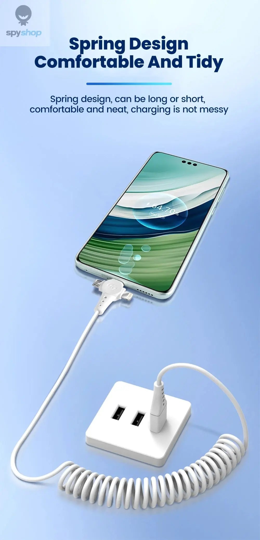120W 3-in-1 Mobile phone fast charging data cable For iPhone Huawei Xiaomi Super fast charging spring retractable data cable Spy-shop.com