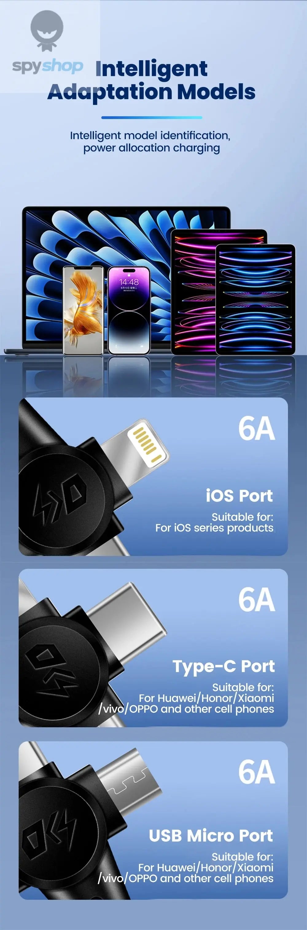 120W 3-in-1 Mobile phone fast charging data cable For iPhone Huawei Xiaomi Super fast charging spring retractable data cable Spy-shop.com