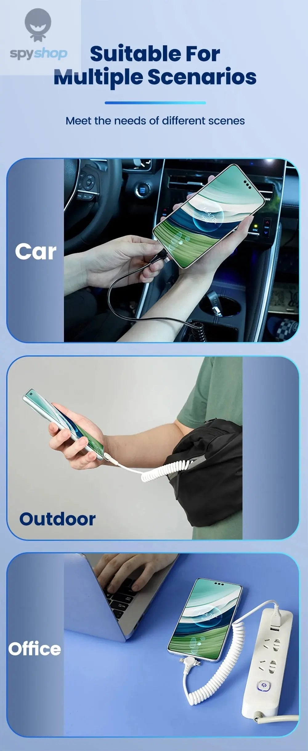 120W 3-in-1 Mobile phone fast charging data cable For iPhone Huawei Xiaomi Super fast charging spring retractable data cable Spy-shop.com