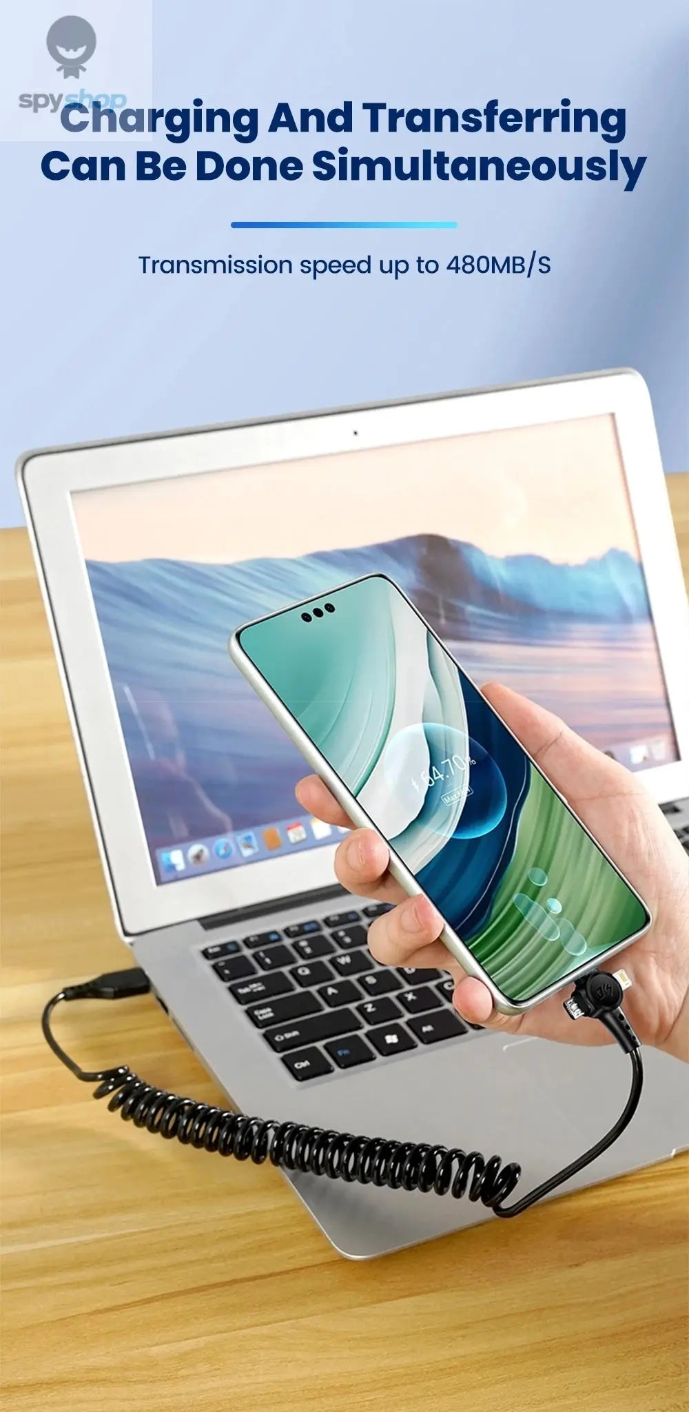 120W 3-in-1 Mobile phone fast charging data cable For iPhone Huawei Xiaomi Super fast charging spring retractable data cable Spy-shop.com