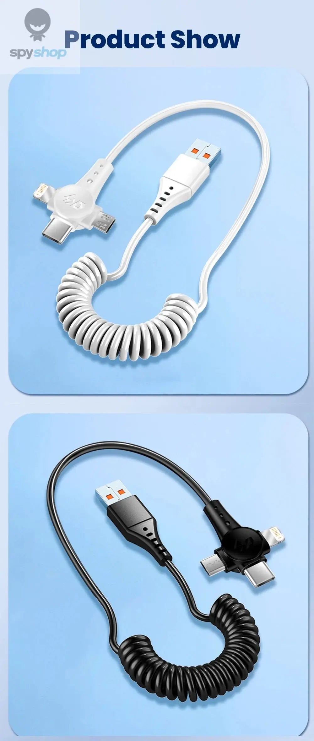 120W 3-in-1 Mobile phone fast charging data cable For iPhone Huawei Xiaomi Super fast charging spring retractable data cable Spy-shop.com