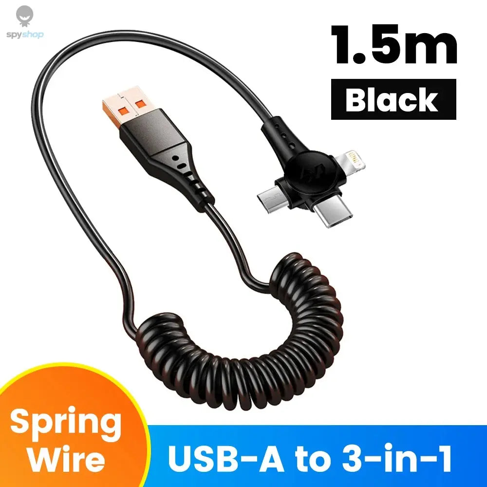 120W 3-in-1 Mobile phone fast charging data cable For iPhone Huawei Xiaomi Super fast charging spring retractable data cable Spy-shop.com