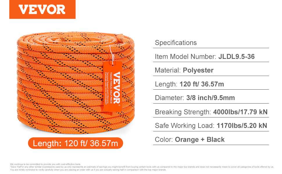120ft Double Braided Polyester Rope 4000 lbs Strength Arborist Cord-0.375 inch / GERMANY
