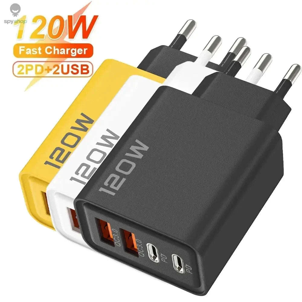 120W Fast Charger – Quick Charge 3.0 Multi‑Port USB‑C Power Adapter-Black EU Plug / Yellow