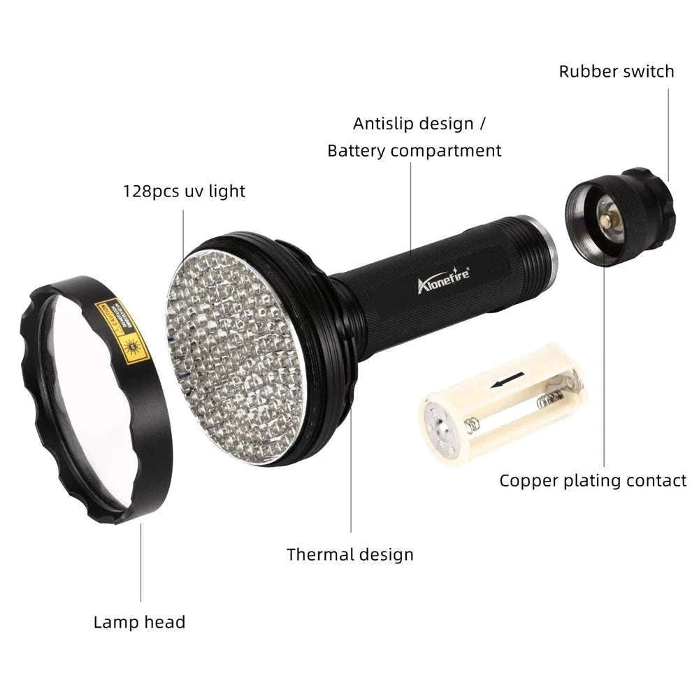 128 LED UV Flashlight for Stains, Minerals, and Night Scans-128UV 395nm / black