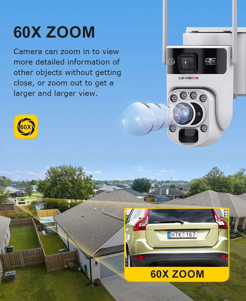 12MP Solar Security Camera with 60X Optical Zoom and Dual Lens-4G Version 60X Zoom / Poland