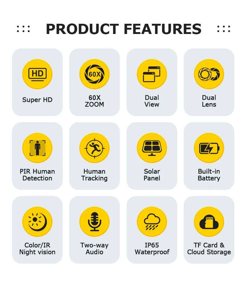 12MP Solar Security Camera with 60X Optical Zoom and Dual Lens-4G Version 60X Zoom / Poland