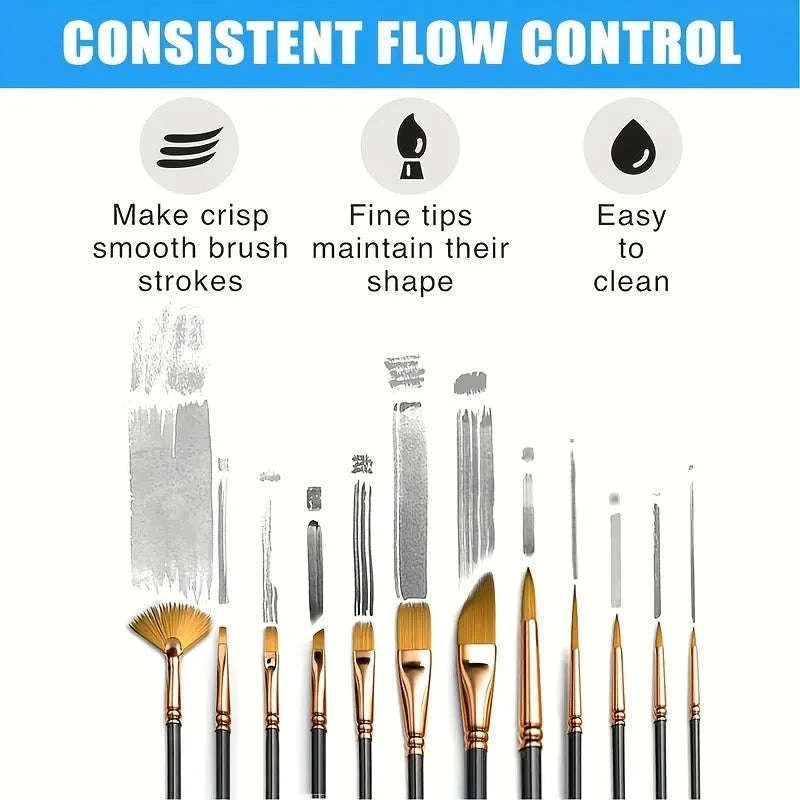 12pc Nylon Brush Set for Watercolor, Acrylic & Oil Painting-12 PCS