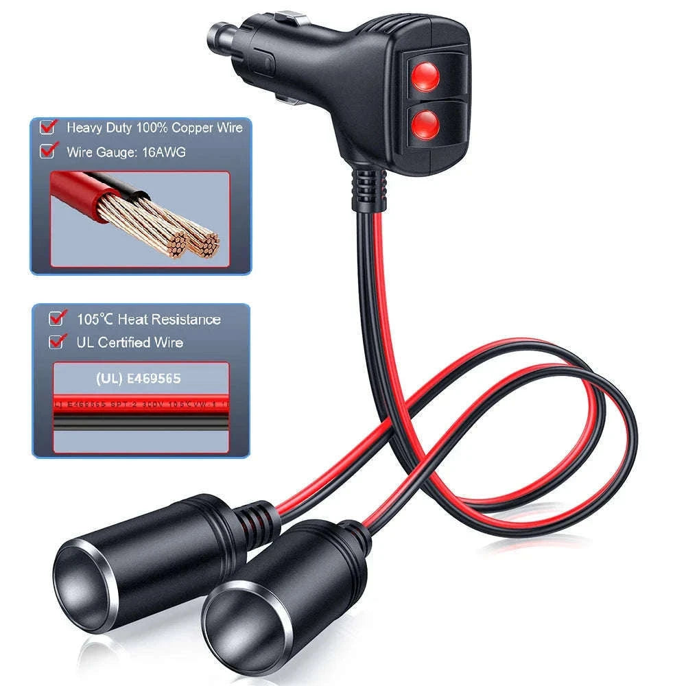 12V/24V 1 to 2 Car Cigarette Lighter Splitter Adapter with 10A Fuse-black / China Mainland