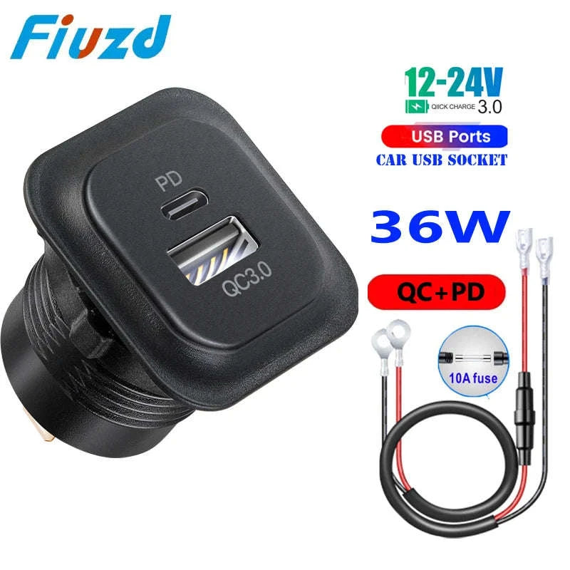 12V 24V Car USB Charger Socket with Voltmeter, QC 3.0 and USB-C PD-001 / China Mainland