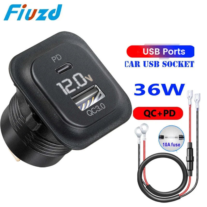 12V 24V Car USB Charger Socket with Voltmeter, QC 3.0 and USB-C PD-001 / China Mainland