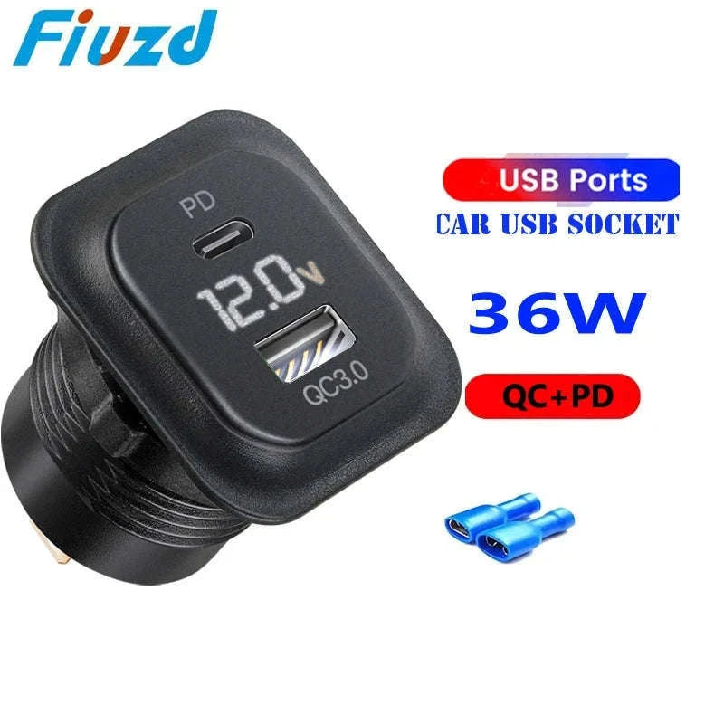 12V 24V Car USB Charger Socket with Voltmeter, QC 3.0 and USB-C PD-001 / China Mainland