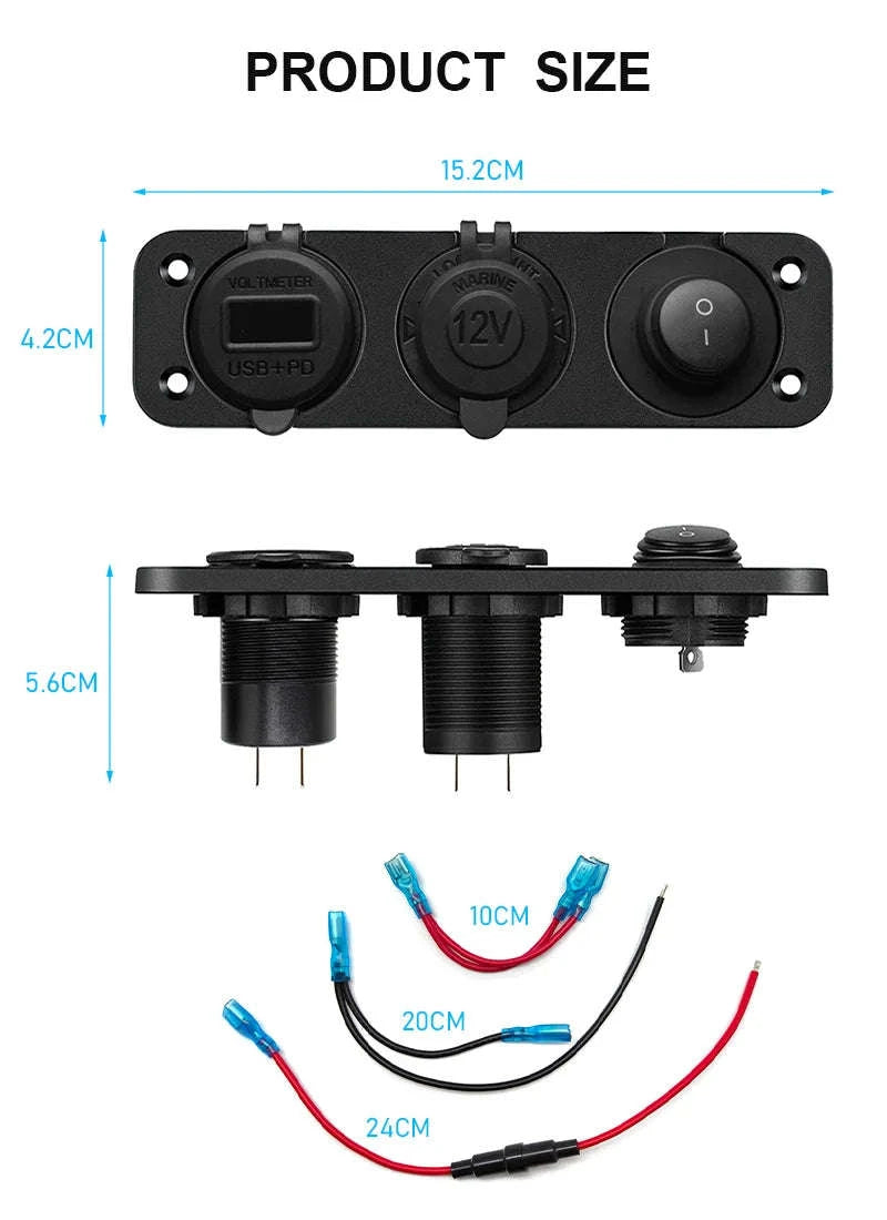 12V/24V Cigarette Lighter Socket Splitter with USB-C, Voltmeter & Switch-Red Set