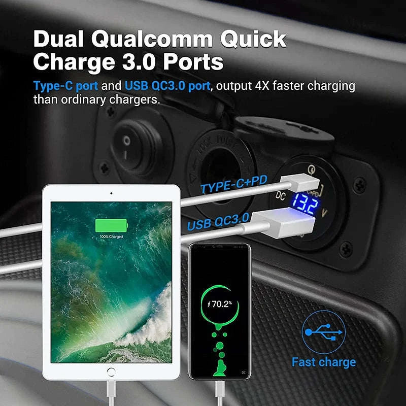 12V/24V Cigarette Lighter Socket Splitter with USB-C, Voltmeter & Switch-Red Set