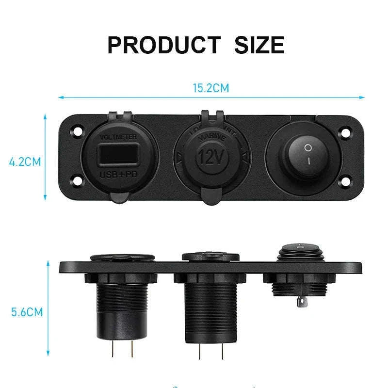 12V/24V Cigarette Lighter Socket Splitter with USB-C, Voltmeter & Switch-Red Set
