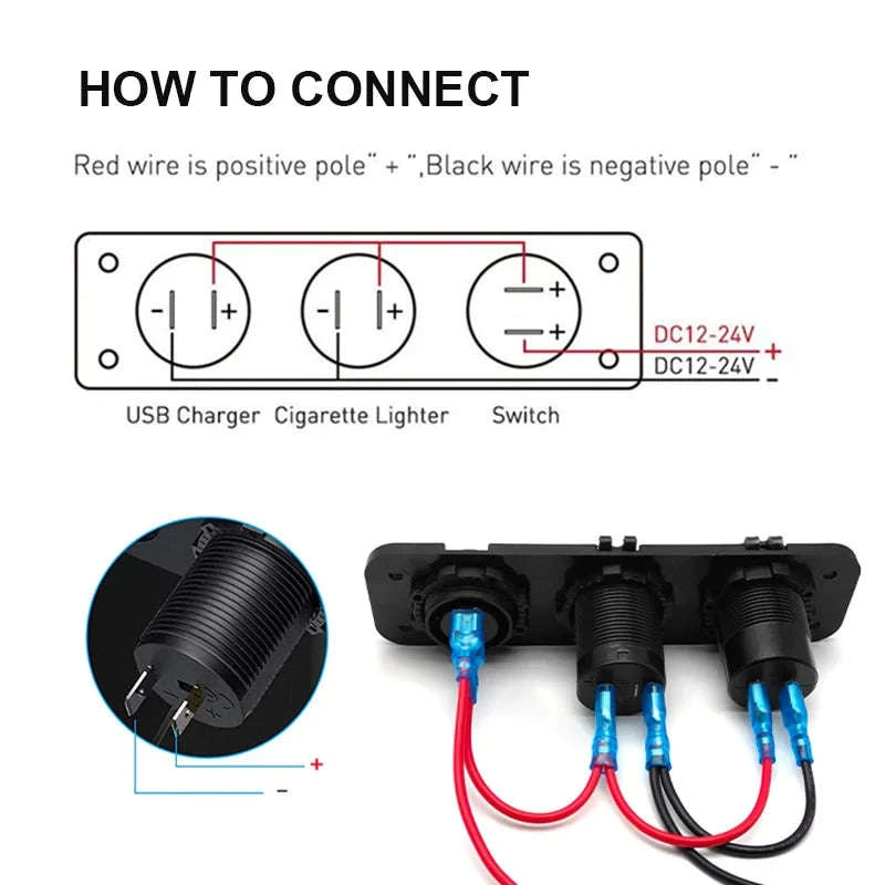 12V/24V Cigarette Lighter Socket Splitter with USB-C, Voltmeter & Switch-Red Set