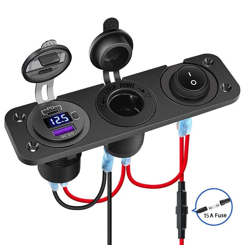 12V/24V Cigarette Lighter Socket Splitter with USB-C, Voltmeter & Switch-Red Set