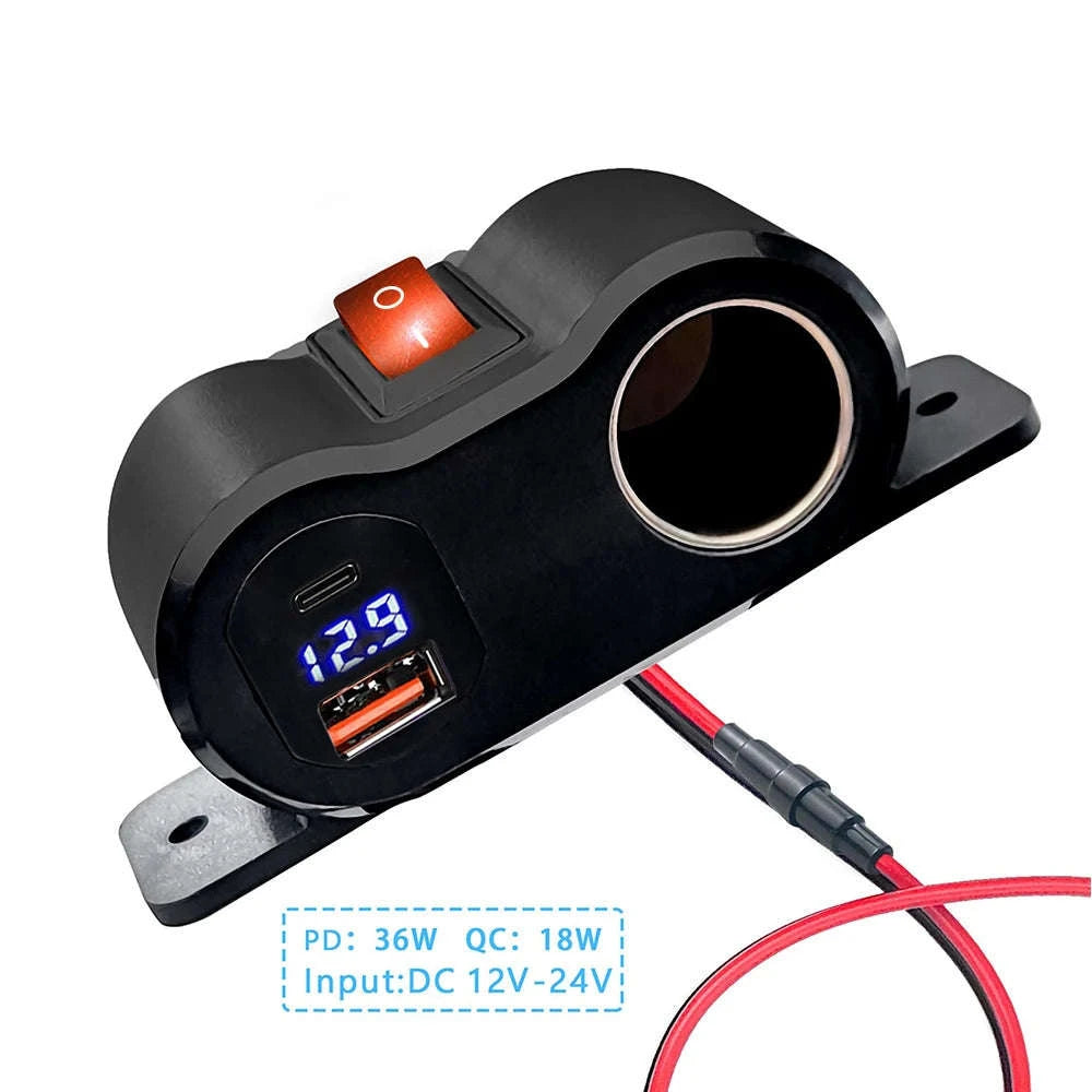 12V/24V Dual USB and PD Type-C Charger Socket with Switch Waterproof Cigarette Lighter Socket-Dual USB with Volt