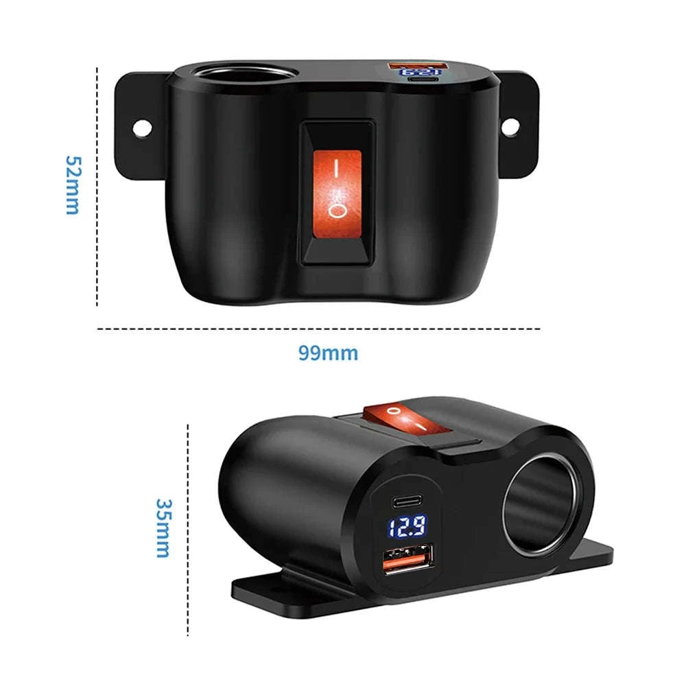 12V/24V Dual USB and PD Type-C Charger Socket with Switch Waterproof Cigarette Lighter Socket-Dual USB with Volt