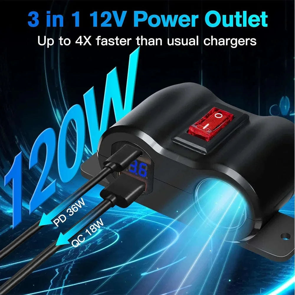 12V/24V Dual USB and PD Type-C Charger Socket with Switch Waterproof Cigarette Lighter Socket-Dual USB with Volt