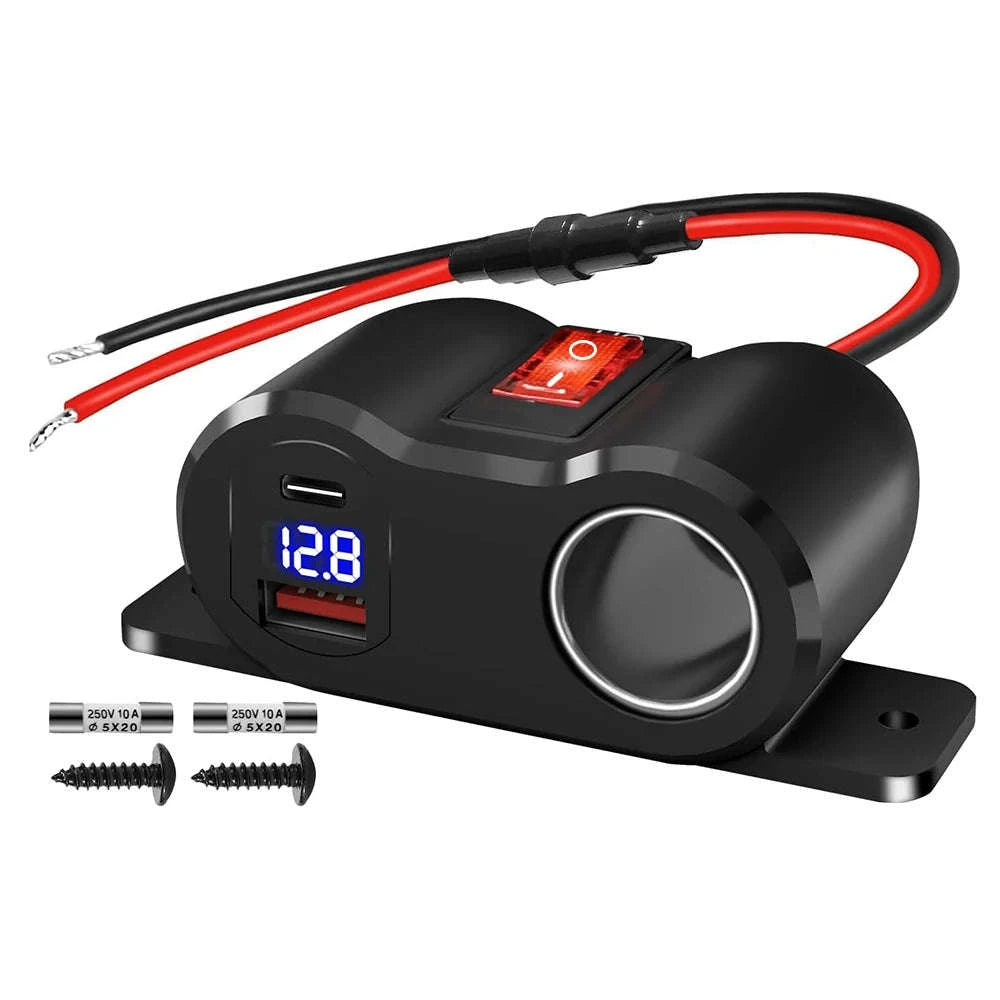 12V/24V Dual USB and PD Type-C Charger Socket with Switch Waterproof Cigarette Lighter Socket-Dual USB with Volt