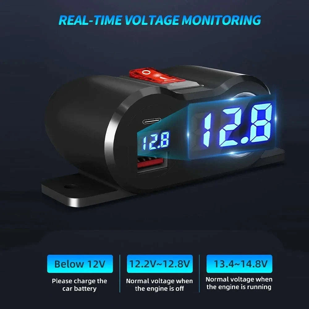 12V/24V Dual USB and PD Type-C Charger Socket with Switch Waterproof Cigarette Lighter Socket-Dual USB with Volt
