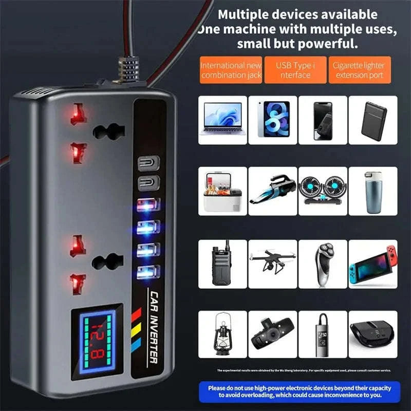 12V/24V to 220V 200W Car Inverter with Dual Type-C and 4 USB Ports-with Voltage Display