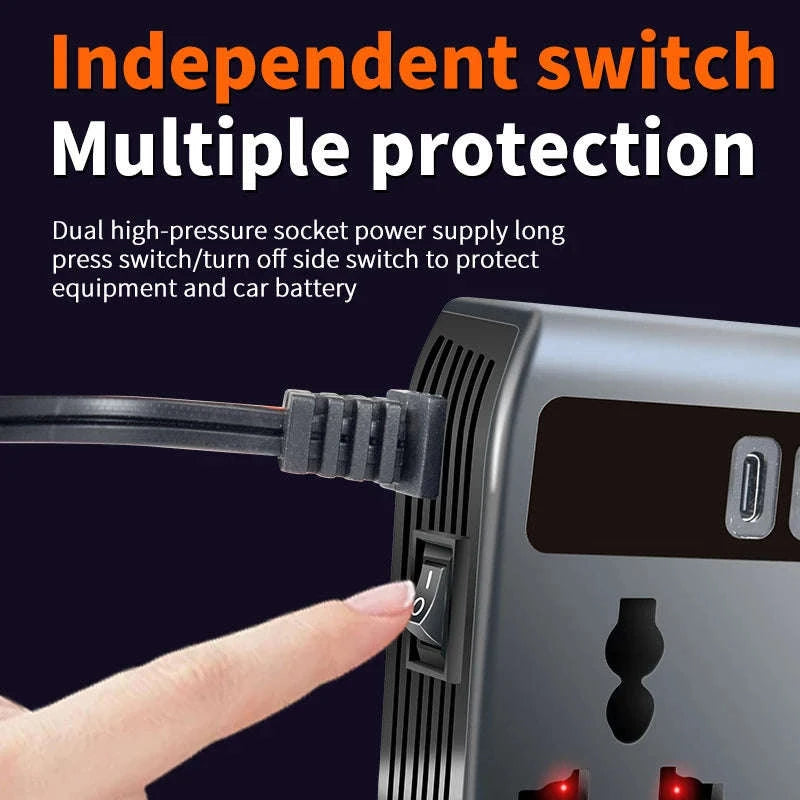 12V/24V to 220V 200W Car Inverter with Dual Type-C and 4 USB Ports-with Voltage Display