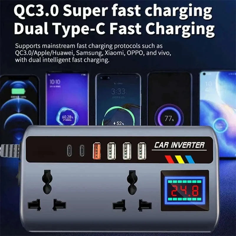 12V/24V to 220V 200W Car Inverter with Dual Type-C and 4 USB Ports-with Voltage Display