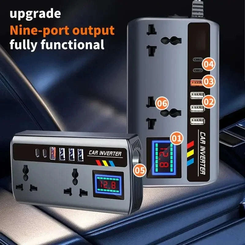 12V/24V to 220V 200W Car Inverter with Dual Type-C and 4 USB Ports-with Voltage Display
