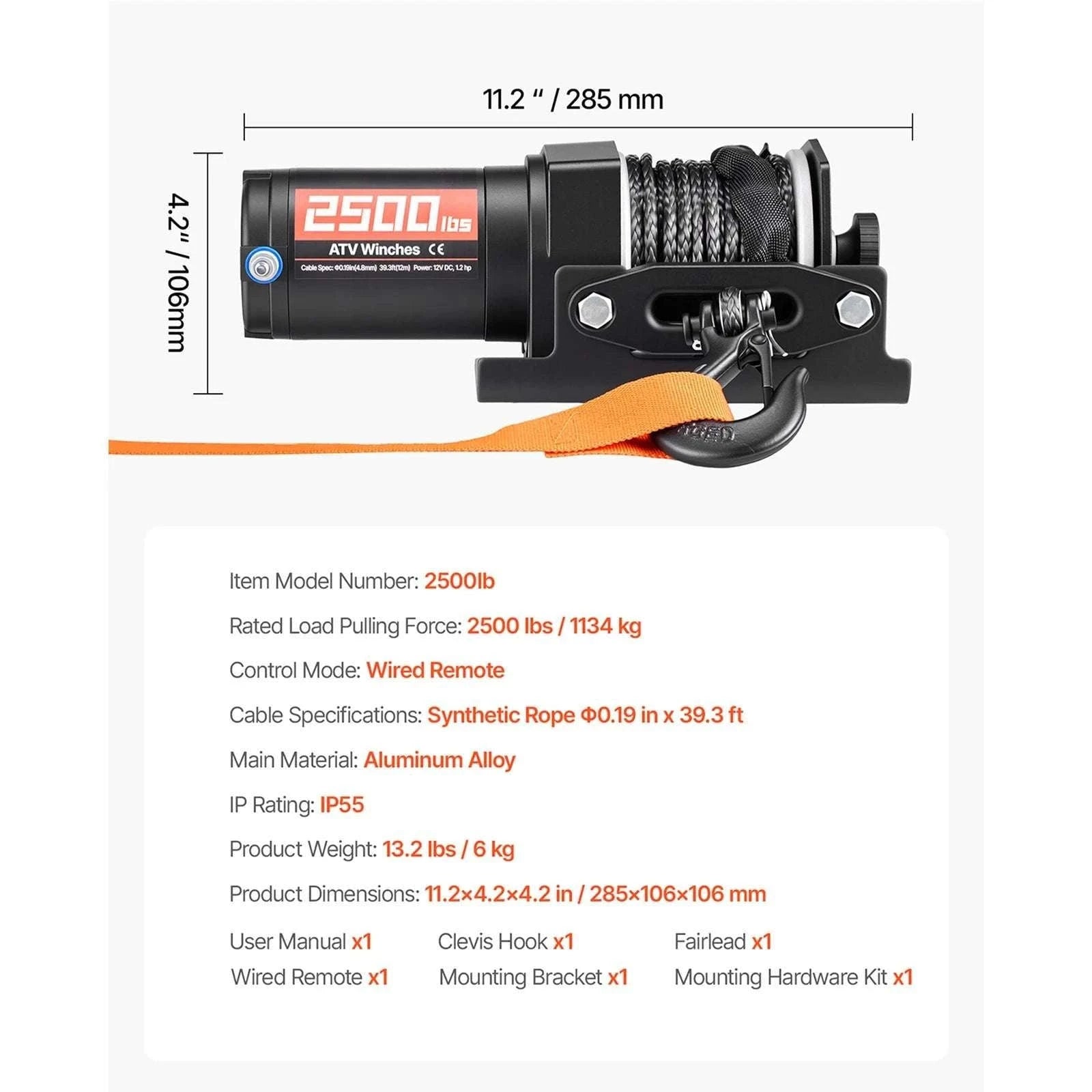 12V ATV Winch 2500–3500lbs with Synthetic Rope & Wired Remote-2500 lbs 39ft / United States
