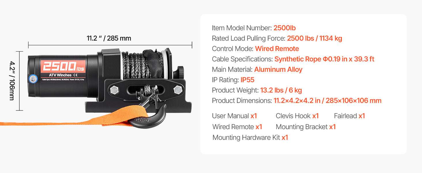 12V ATV Winch 2500–3500lbs with Synthetic Rope & Wired Remote-2500 lbs 39ft / United States