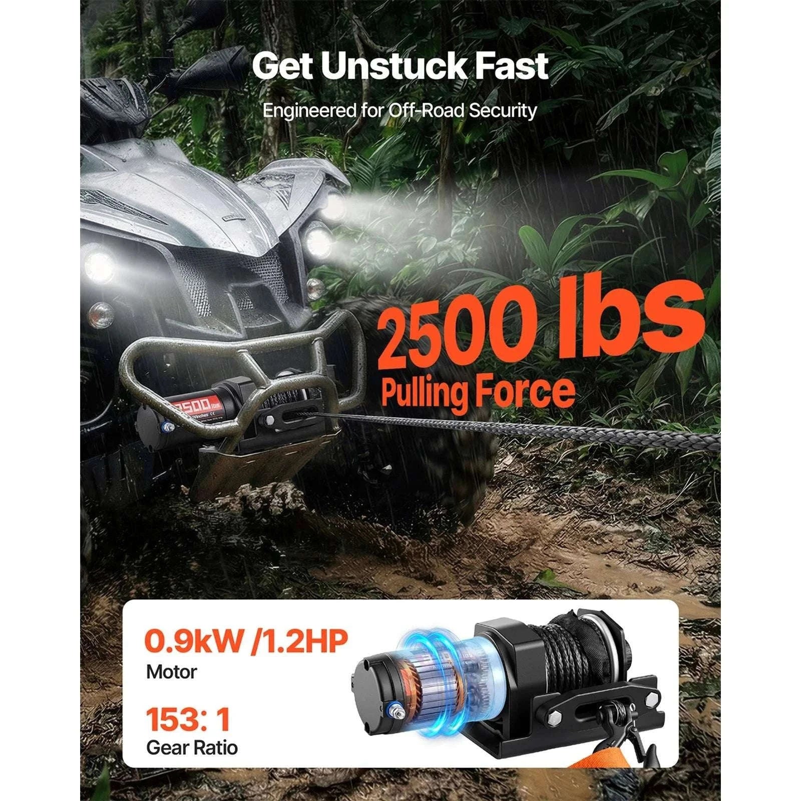 12V ATV Winch 2500–3500lbs with Synthetic Rope & Wired Remote-2500 lbs 39ft / United States